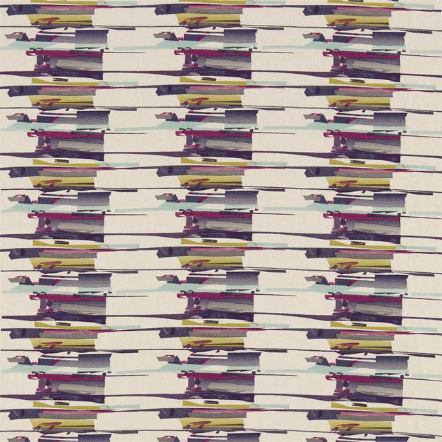 Cream woven ground with navy, aqua, lime and magenta horizontal painterly bands