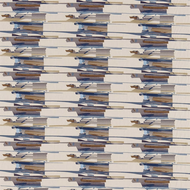 Cream woven fabric with broken navy, denim, tan and brown horizontal bands