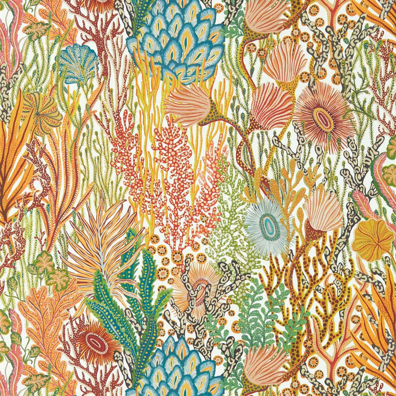 Dense coral botanical wallpaper in cream, teal, coral, green and rosewood red