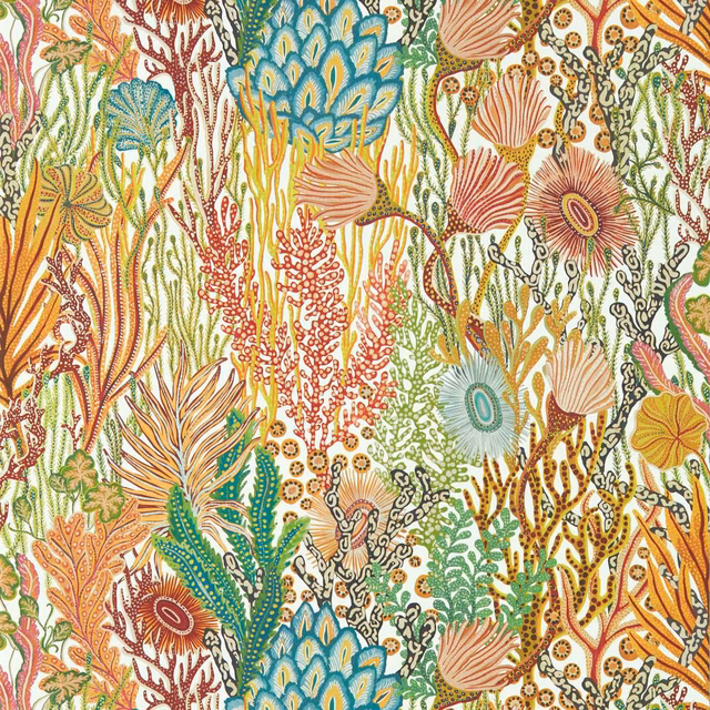 Dense coral botanical wallpaper in cream, teal, coral, green and rosewood red