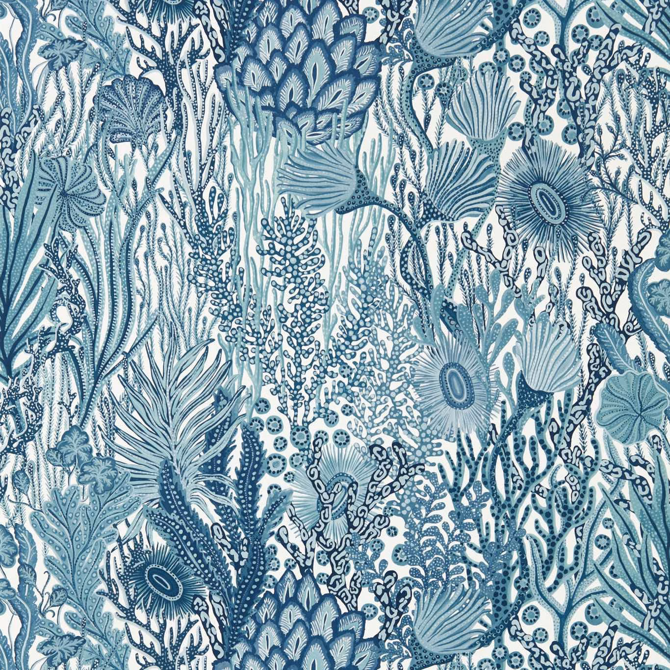 Cool blue coral, sea-fan and flower motifs on a pale ground