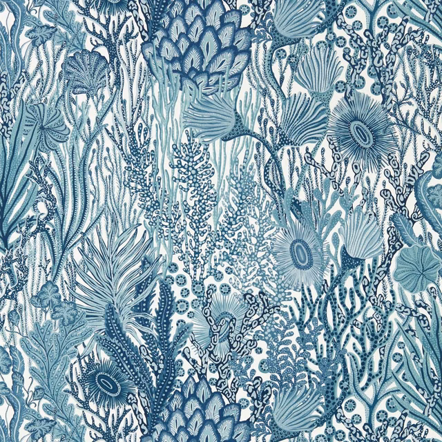 Cool blue coral, sea-fan and flower motifs on a pale ground