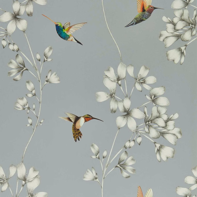 Cool grey wallpaper with pale flowering sprays and jewel-toned hummingbirds