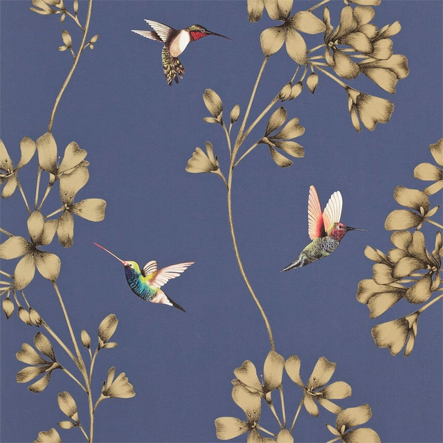 Indigo wallpaper with gold flowering branches and colourful hovering hummingbirds