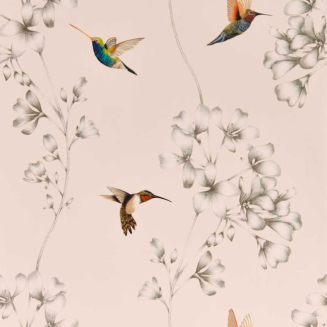 Powder-pink wallpaper with pearl botanicals and vivid turquoise and orange hummingbirds