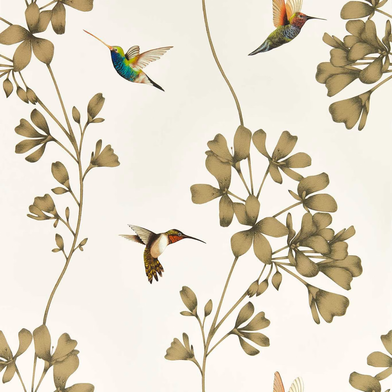 Ivory wallpaper with stone-gold leaves, branching stems and colourful hummingbirds