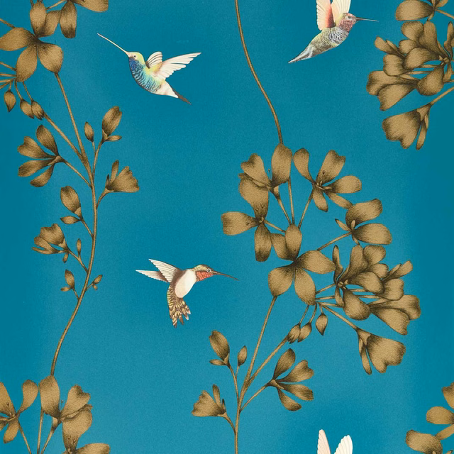 Saturated teal wallpaper with burnished gold branches and hovering hummingbirds