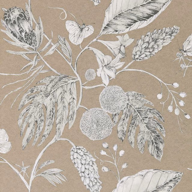 Taupe wallpaper with large pale botanical leaves, flowers and textured seedheads
