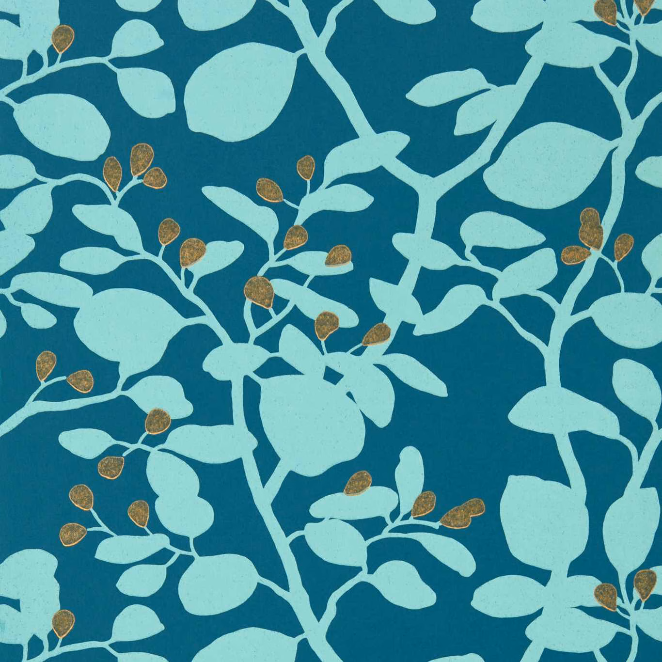 Deep teal wallpaper with pale aqua branches and small gold seed pods