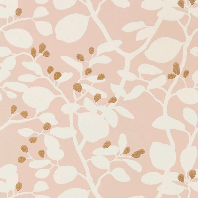 Blush pink wallpaper with ivory branching leaves and textured gold seed heads