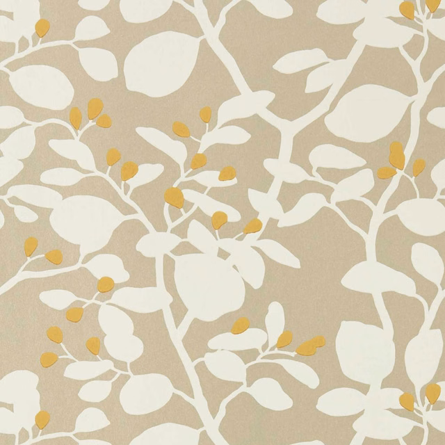 Oyster-beige wallpaper with cream leafy branches and muted gold botanical buds