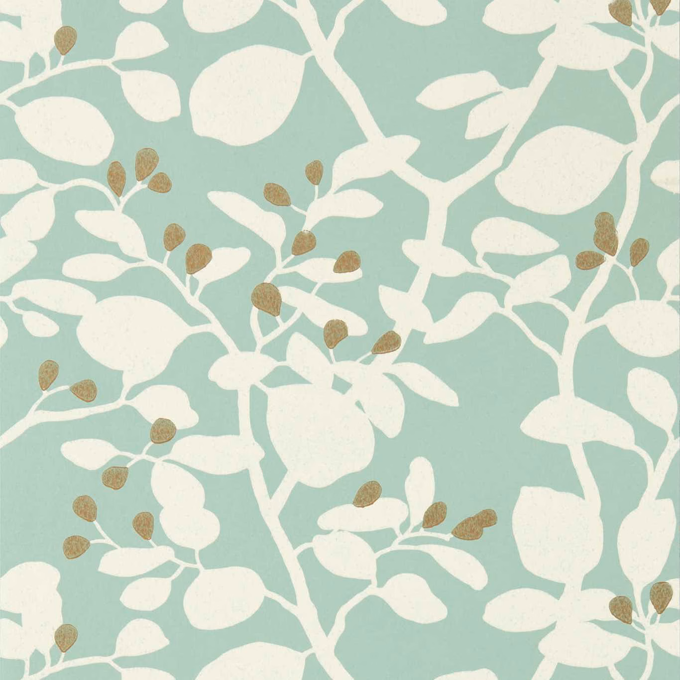 Pale aqua wallpaper with cream leaves and gold-brown botanical seed pods
