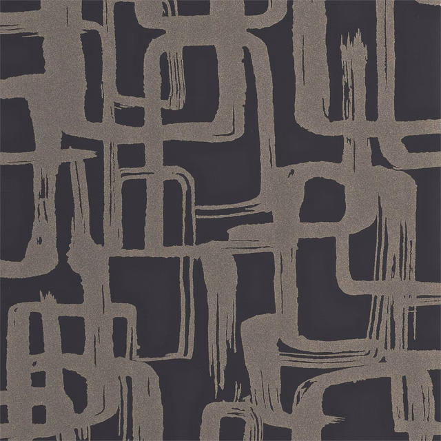 Muted gold abstract geometric brushstrokes across a deep onyx wallpaper ground