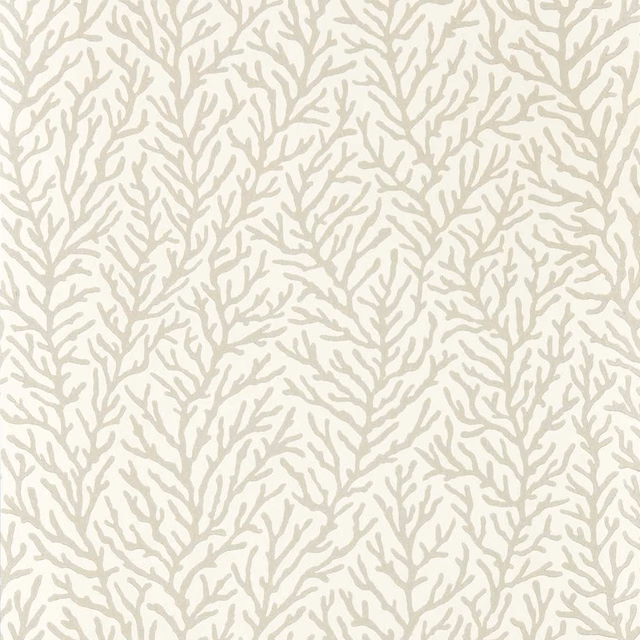 Ivory wallpaper with pale greige branching coral motifs in a repeating organic pattern