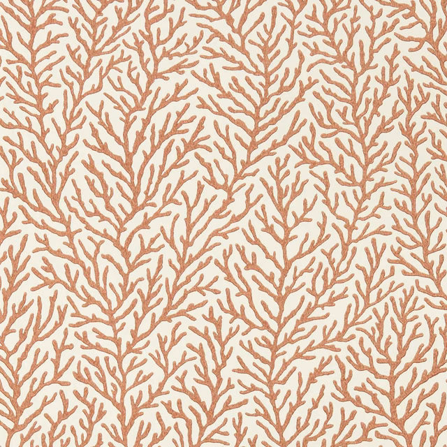 Warm bronze coral branches repeat across a pale sailcloth wallpaper ground