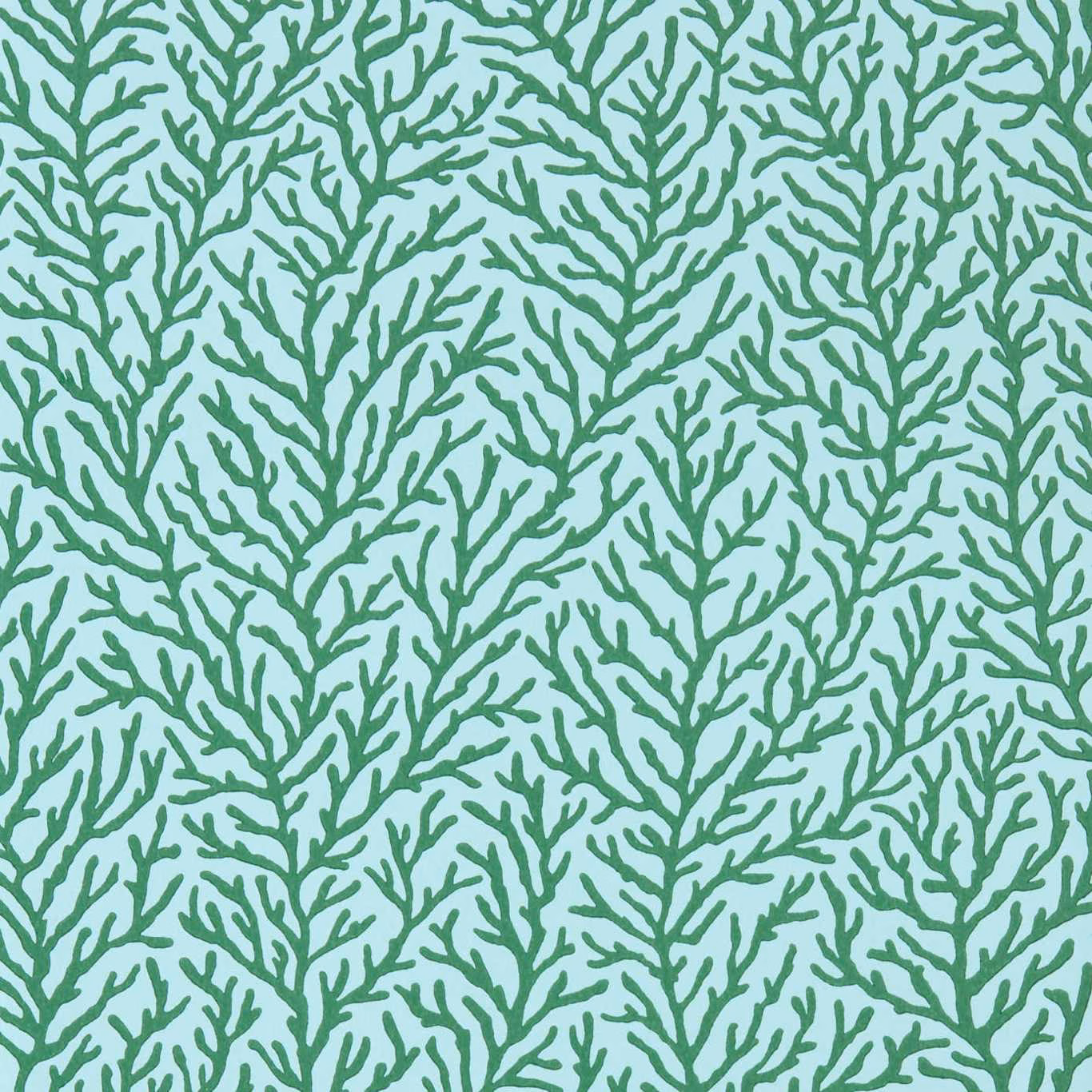 Emerald branching coral pattern on a pale seaglass blue-green wallpaper ground