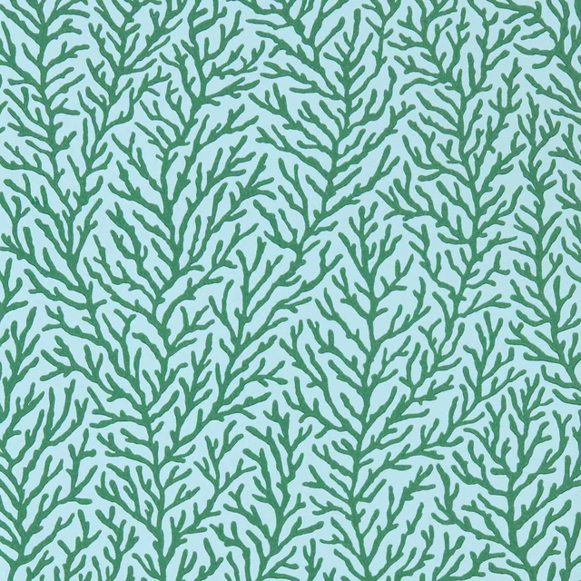 Emerald branching coral pattern on a pale seaglass blue-green wallpaper ground