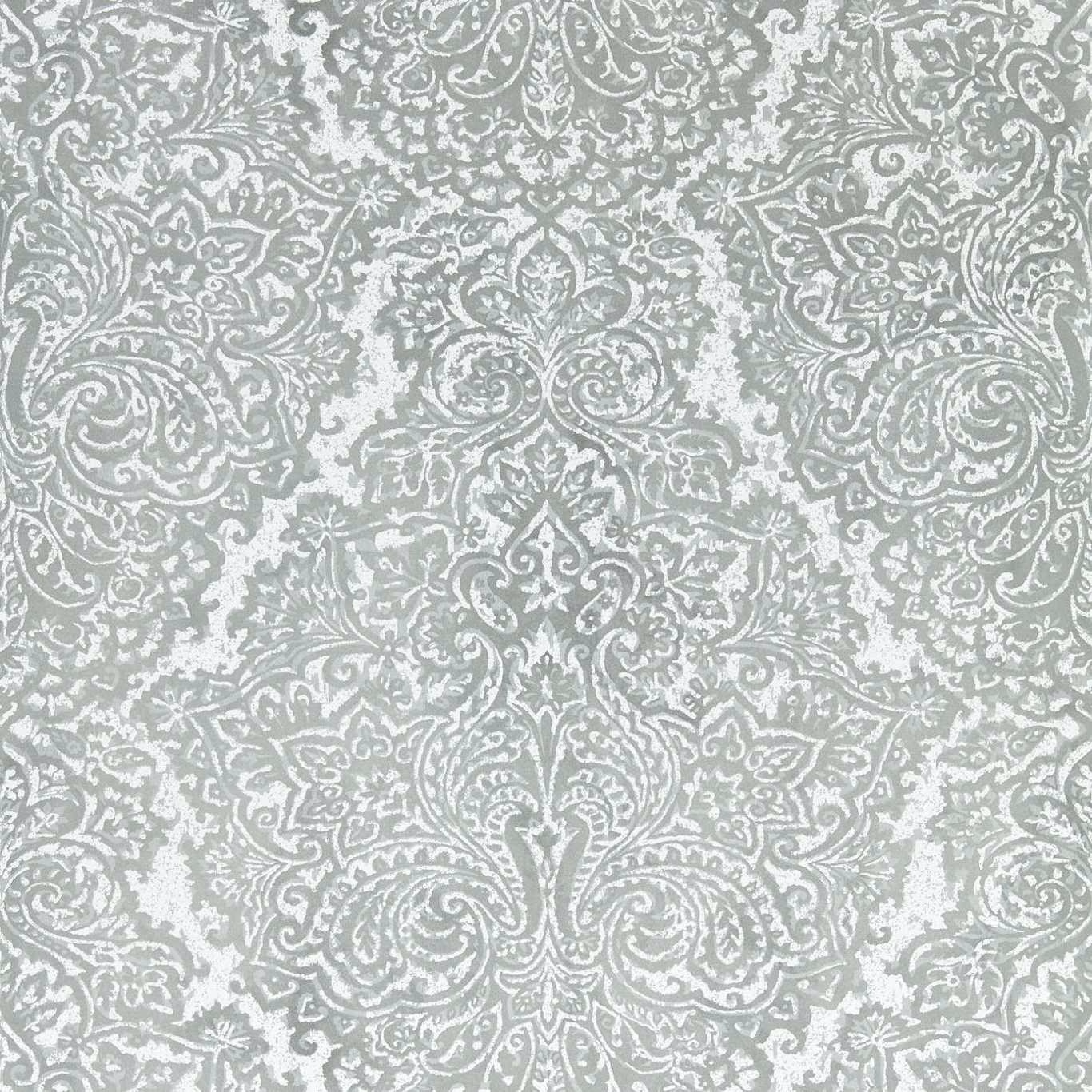Cool French grey and silver wallpaper with ornate scrolling damask medallions