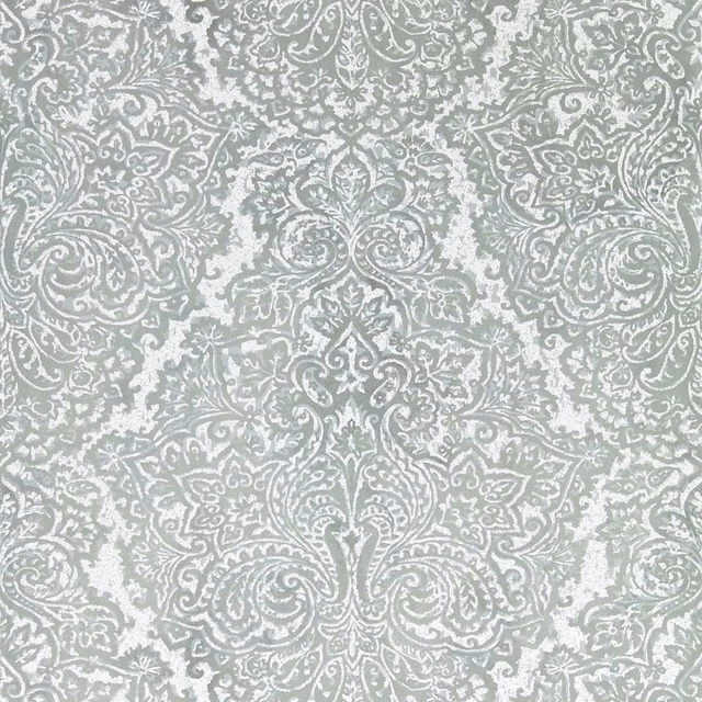 Cool French grey and silver wallpaper with ornate scrolling damask medallions