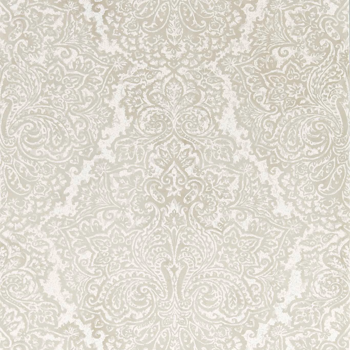 Pale pebble and stone damask wallpaper with ornate paisley and floral scrollwork