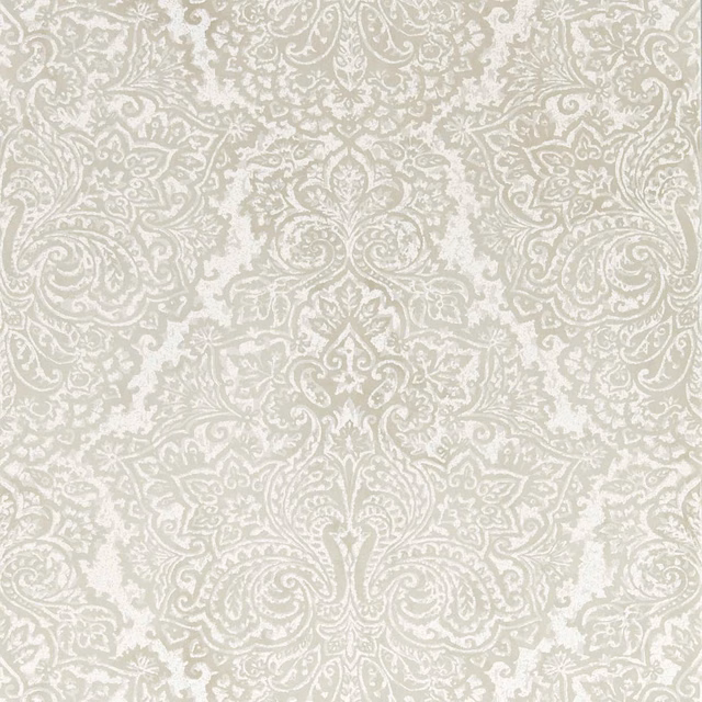 Pale pebble and stone damask wallpaper with ornate paisley and floral scrollwork