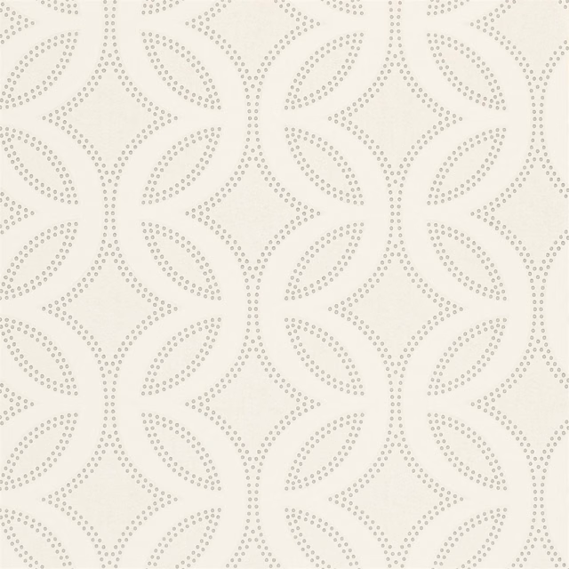Chalk pearl wallpaper with silver dotted leaf motifs in a repeating lattice