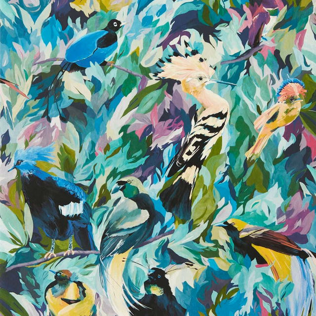 Teal and turquoise jungle wallpaper with vivid birds, ivory feathers and jewel-toned foliage