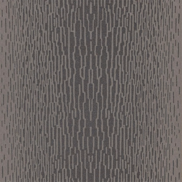 Cool silver-grey wallpaper with charcoal vertical geometric tracery and subtle sparkling flecks