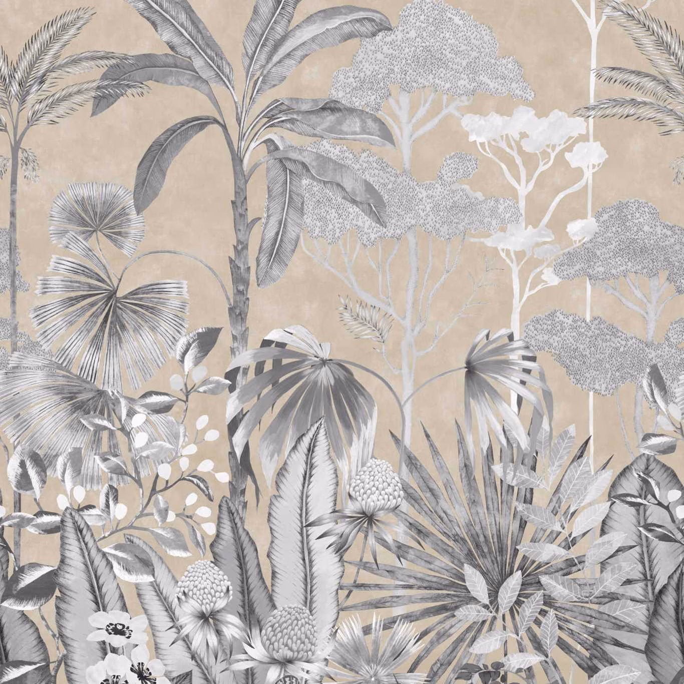 Taupe botanical wallpaper with charcoal palms, white trees and layered jungle foliage