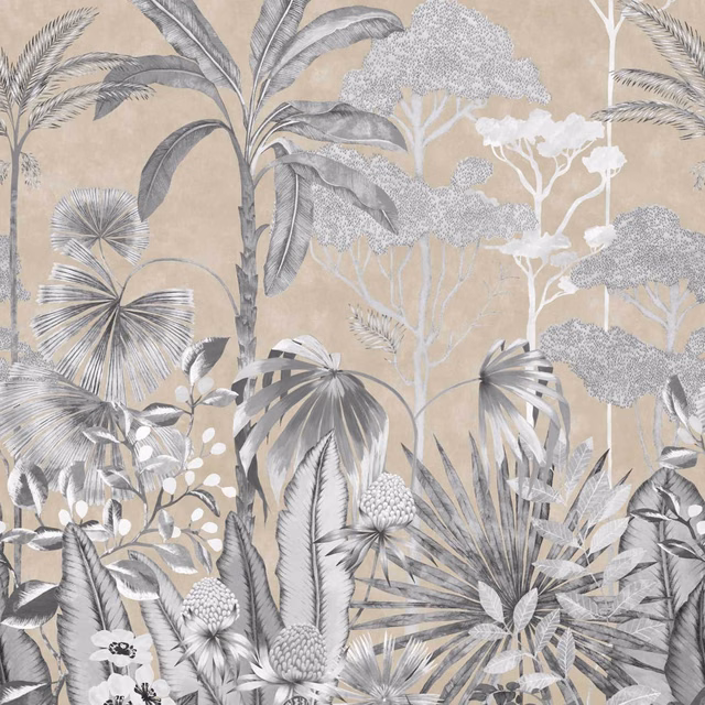 Taupe botanical wallpaper with charcoal palms, white trees and layered jungle foliage