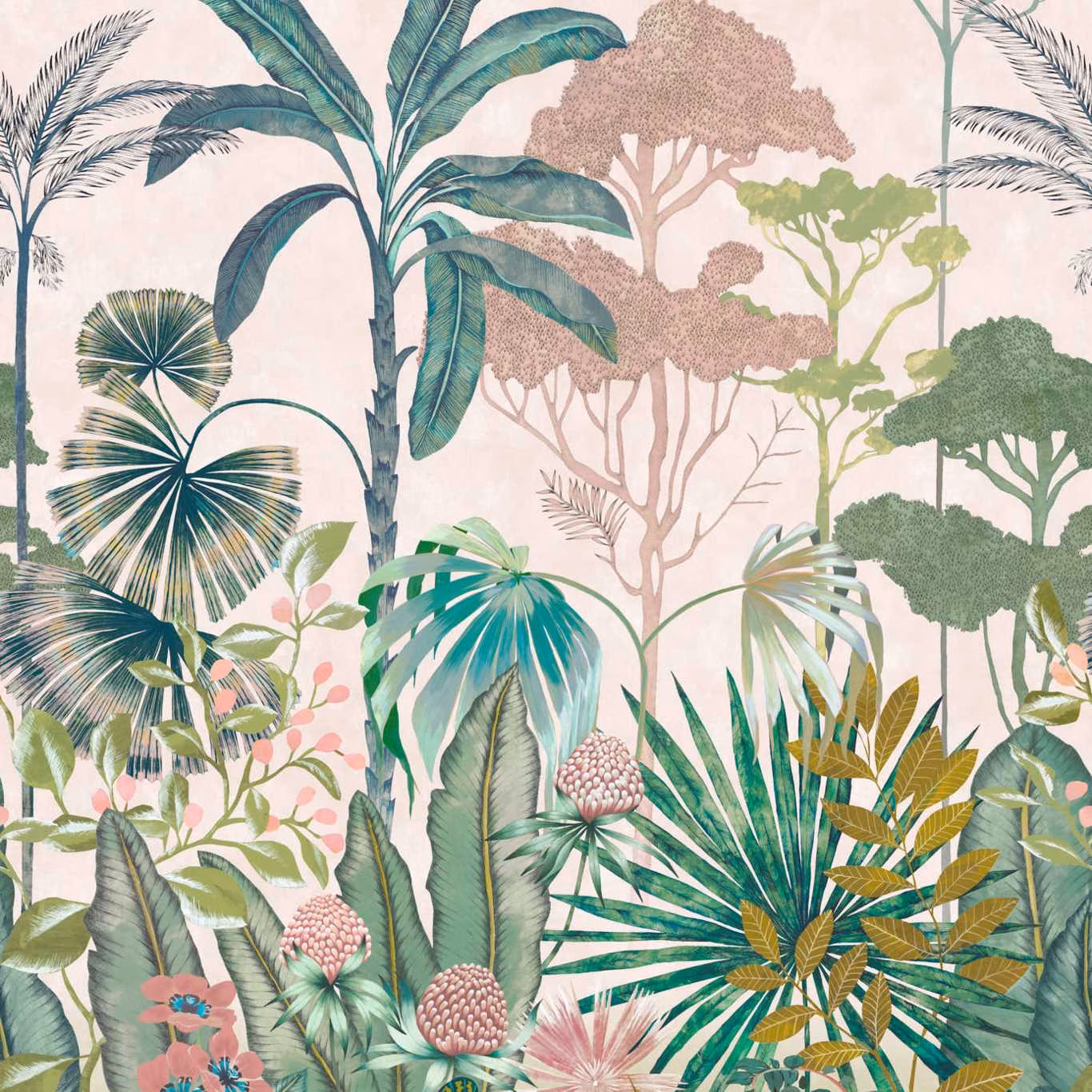 Bleached coral tropical wallpaper with teal palms, succulent foliage and pink tree silhouettes