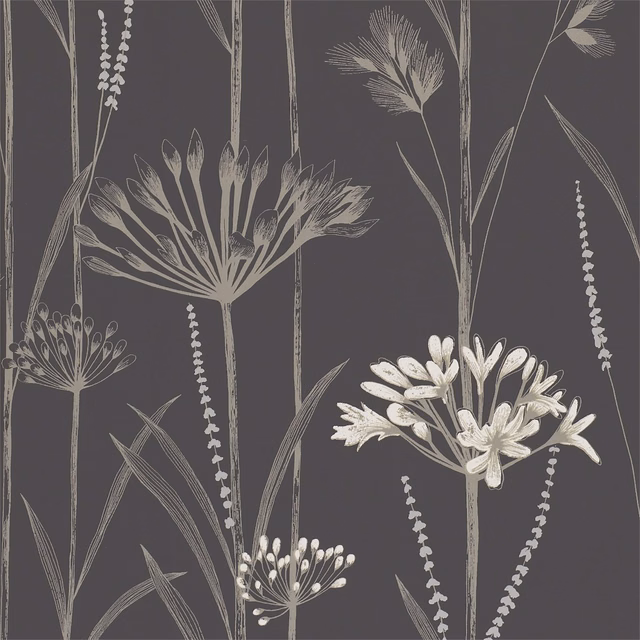 Charcoal wallpaper with pale gilver botanical stems, leaves and clustered flowers