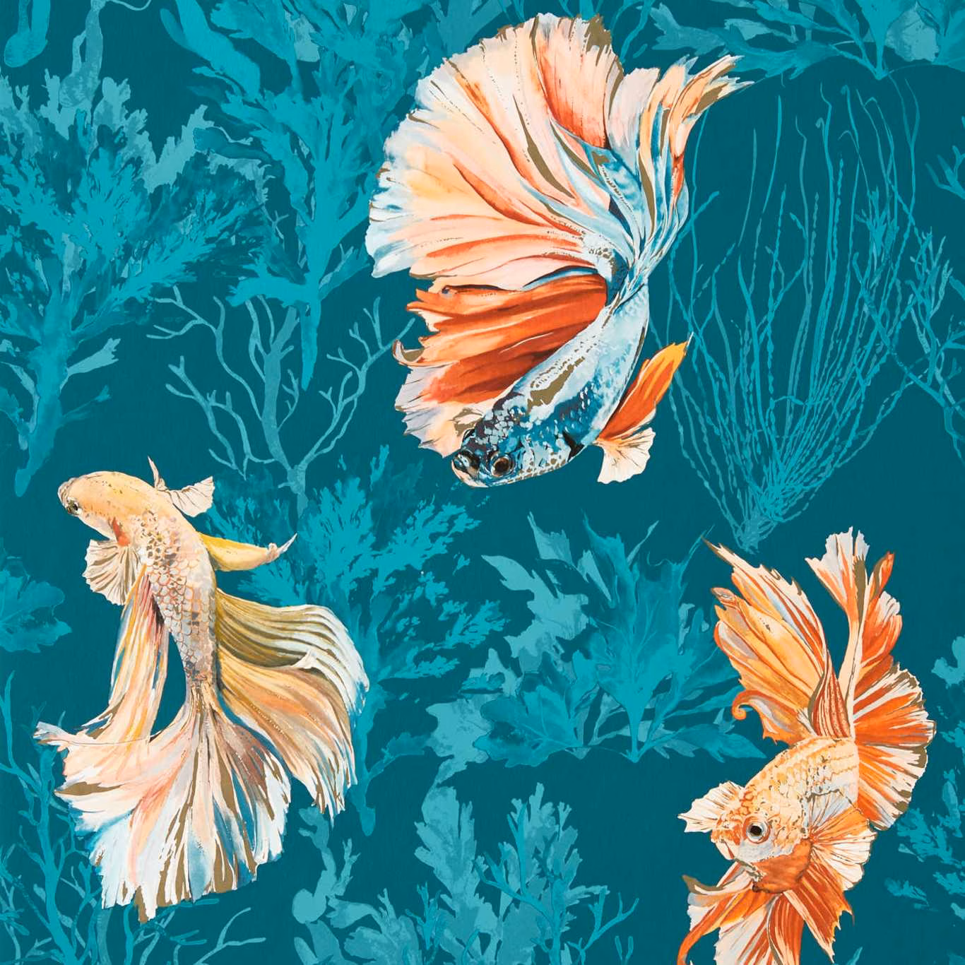 Deep teal wallpaper with coral and cream fish among illustrated underwater foliage