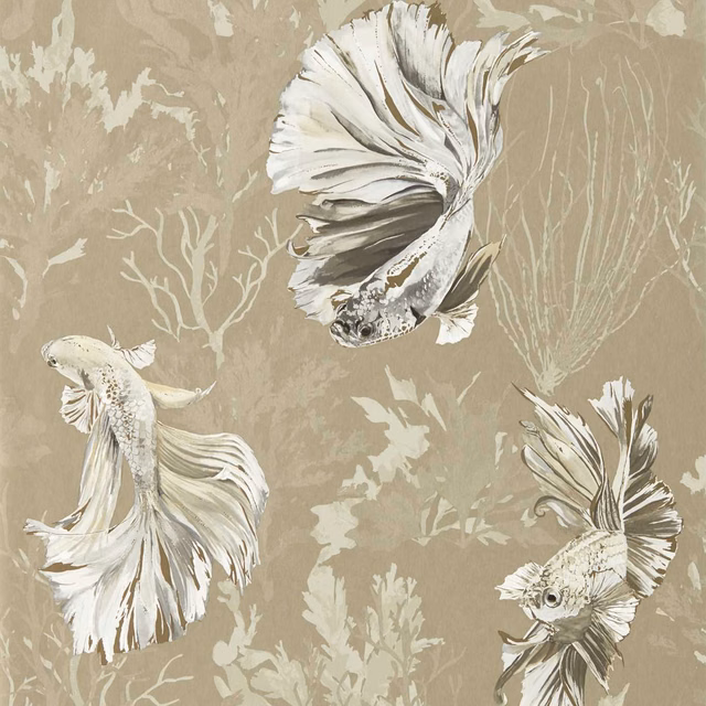 Muted taupe wallpaper with ivory fish, charcoal accents and coral-like seaweed silhouettes