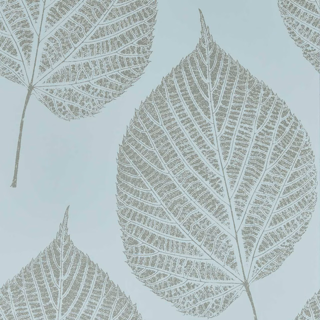Large etched grey leaves on a pale sky-blue wallpaper ground