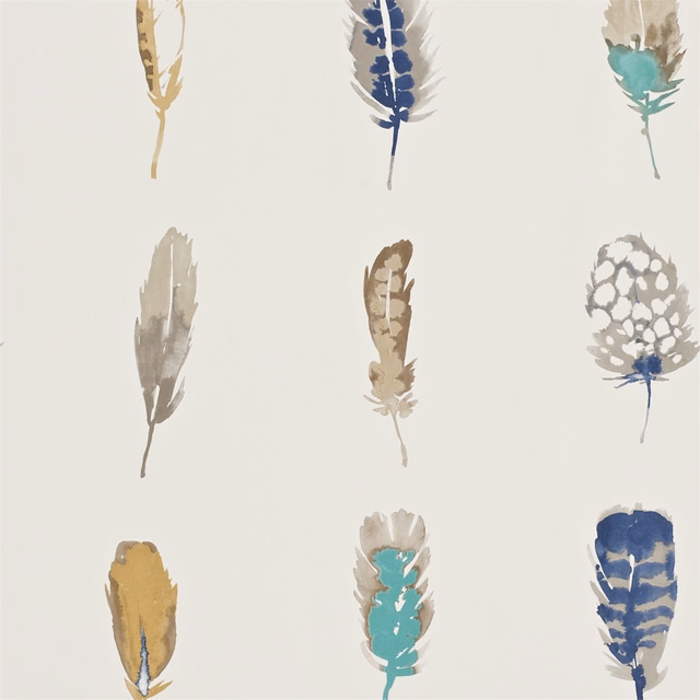 Stone wallpaper with indigo, mustard, teal and taupe painted feather motifs