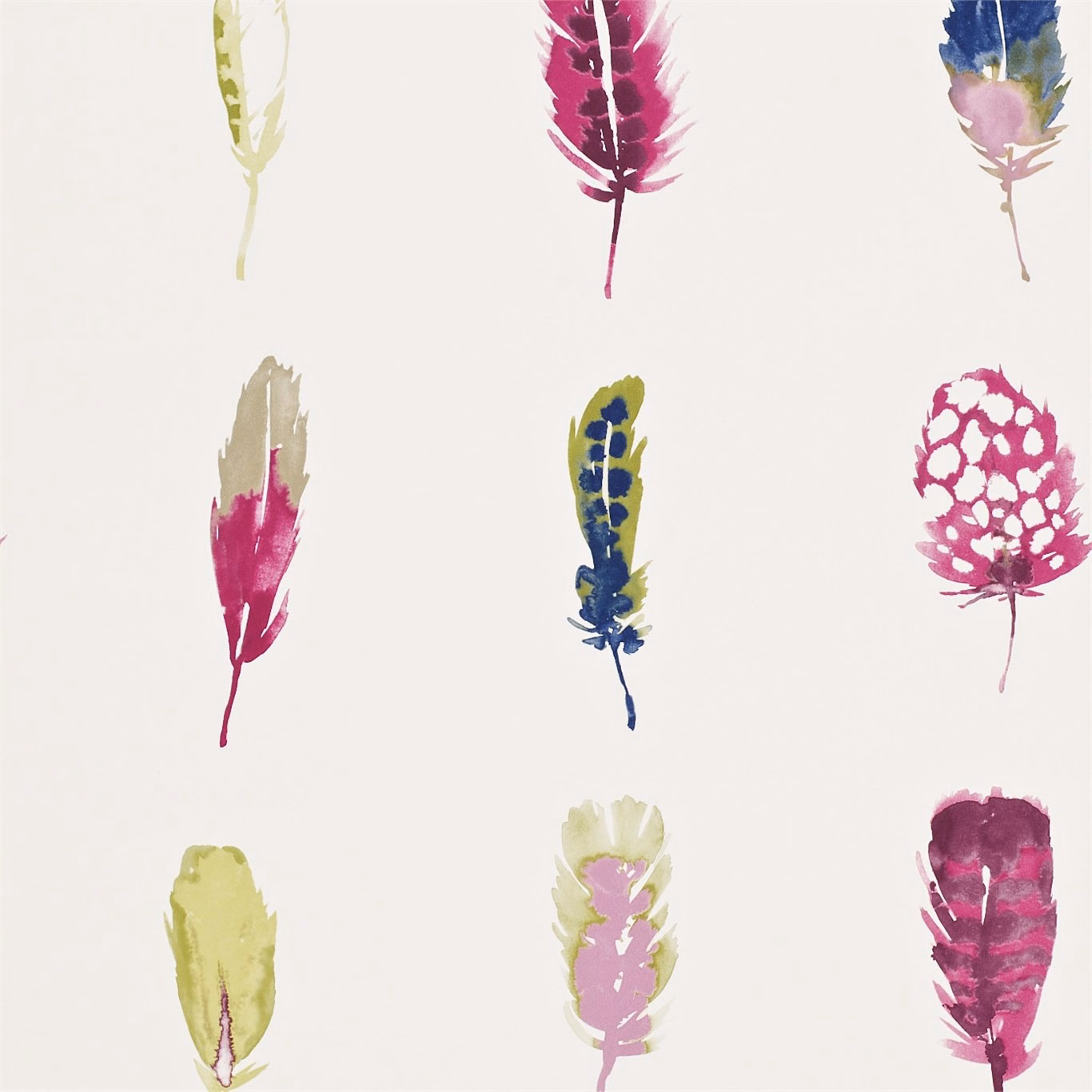 Off-white wallpaper with raspberry, olive and blue painted feather motifs