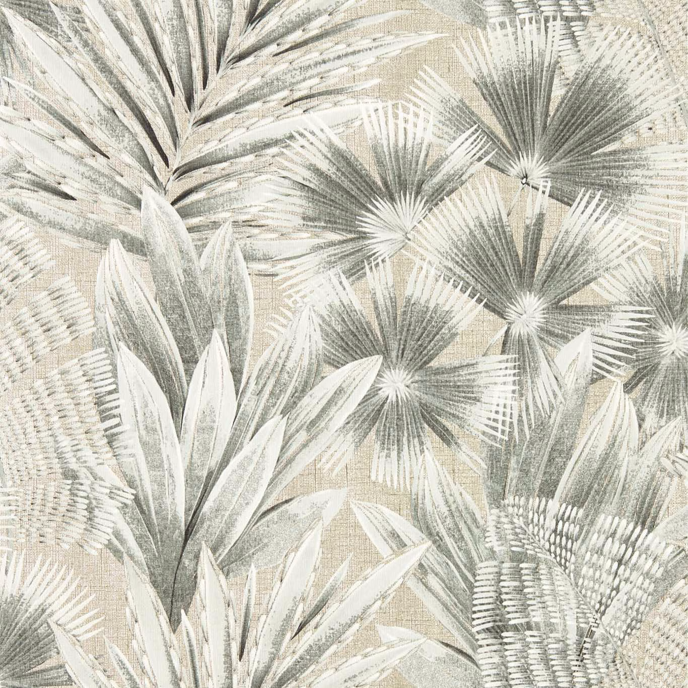 Ivory wallpaper with pale grey palm fronds and ebony fan-shaped leaves