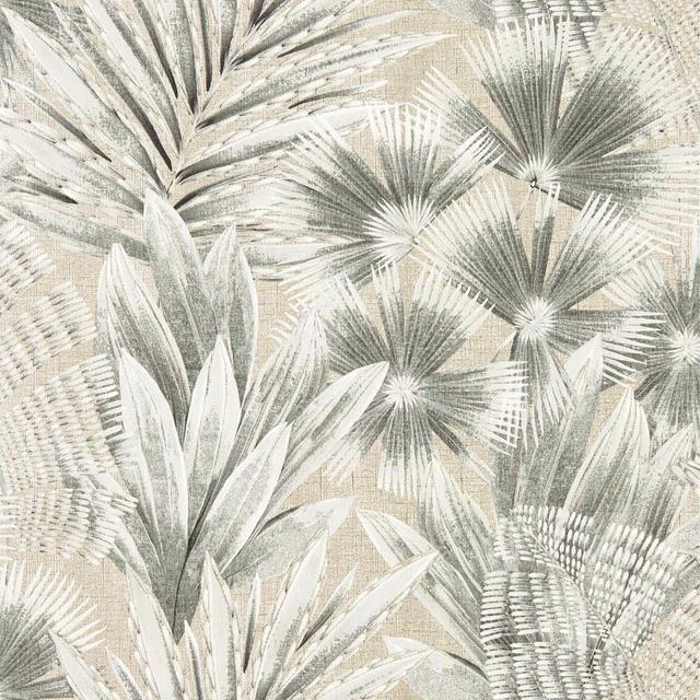Ivory wallpaper with pale grey palm fronds and ebony fan-shaped leaves