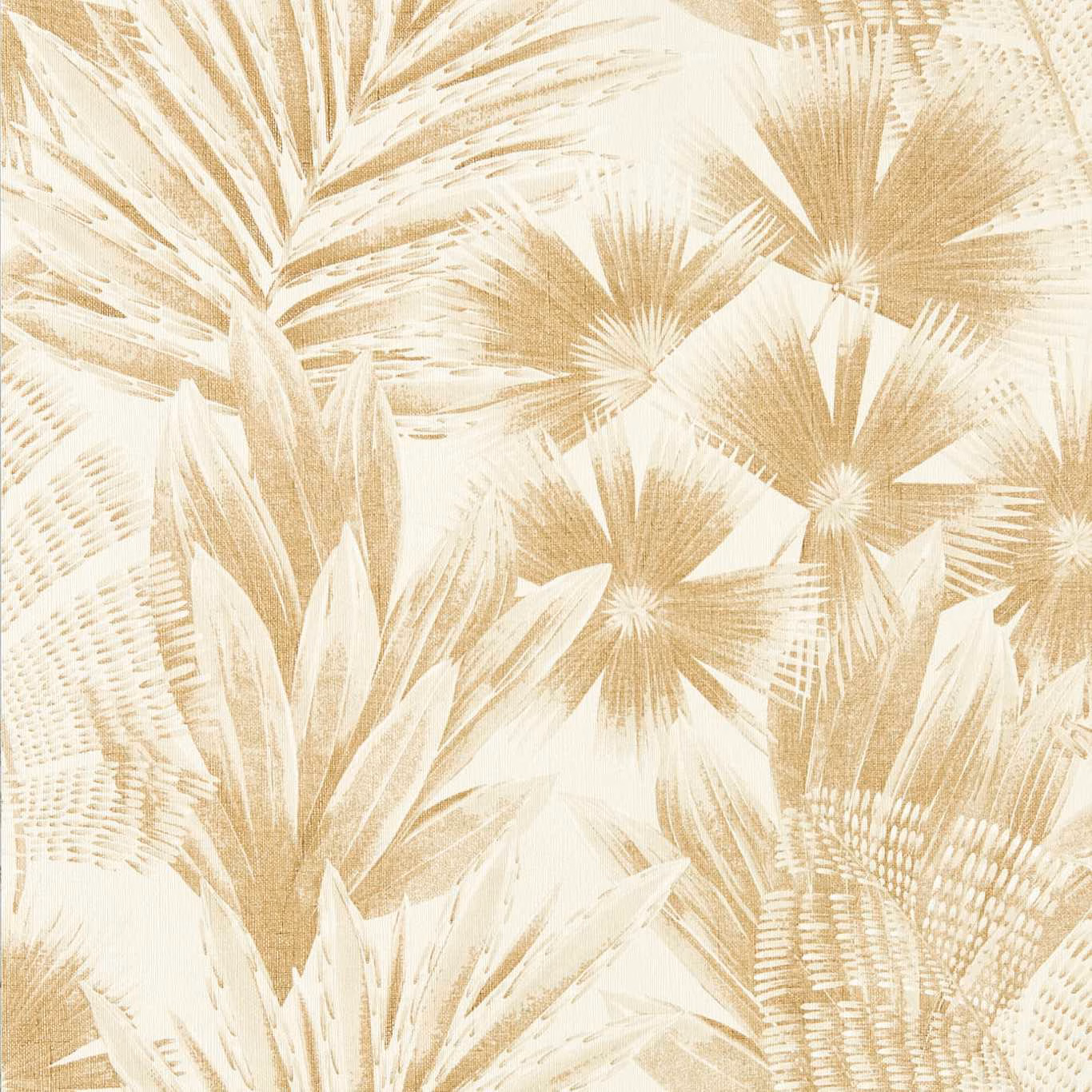 Parchment wallpaper with layered palm fronds and fan-shaped gold leaves