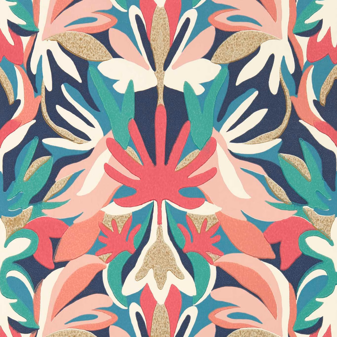 Symmetrical botanical wallpaper in coral, ink blue, teal, cream and gold