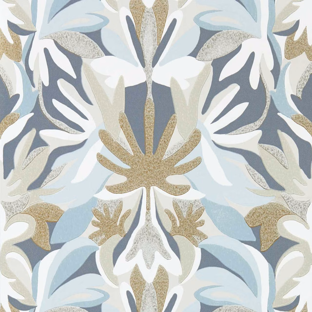 Powder blue, cream and muted gold stylised botanical wallpaper with speckled leaf details