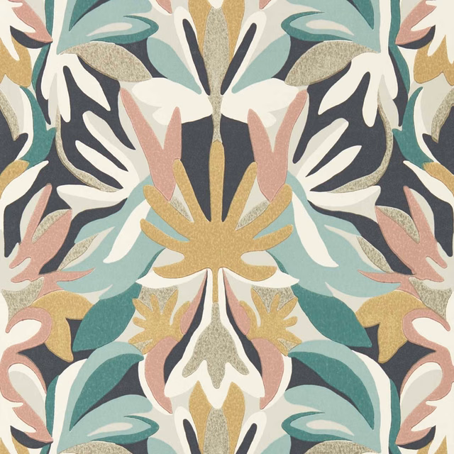 Mirrored botanical wallpaper in succulent teal, gold, blush, cream and charcoal