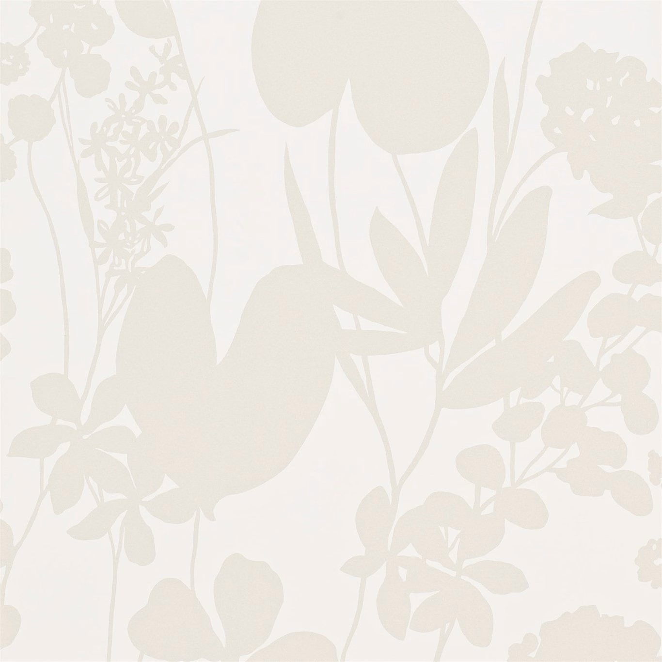 Pale pearl wallpaper with oversized soft greige flowers, stems and leafy silhouettes