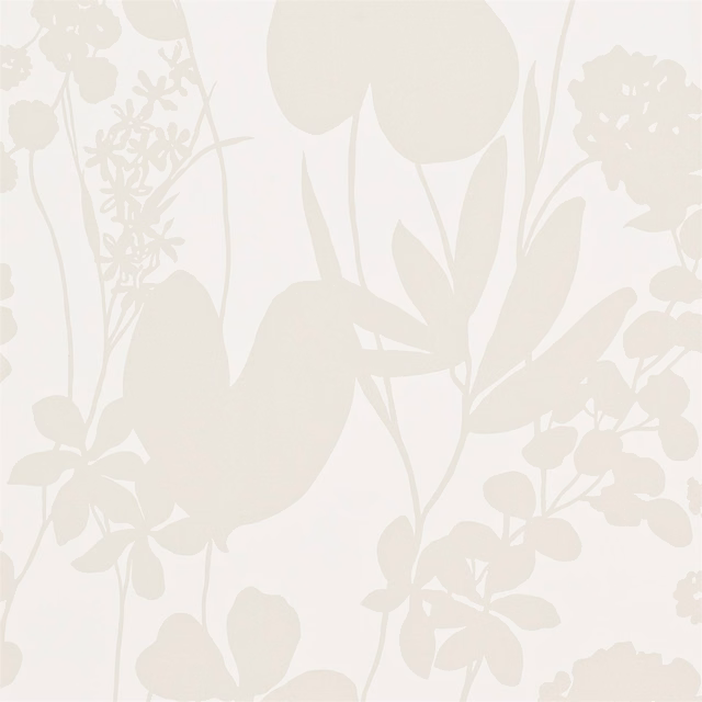 Pale pearl wallpaper with oversized soft greige flowers, stems and leafy silhouettes
