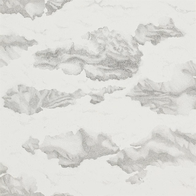 Pale mica wallpaper with drifting soft ink-grey cloud-like abstract forms
