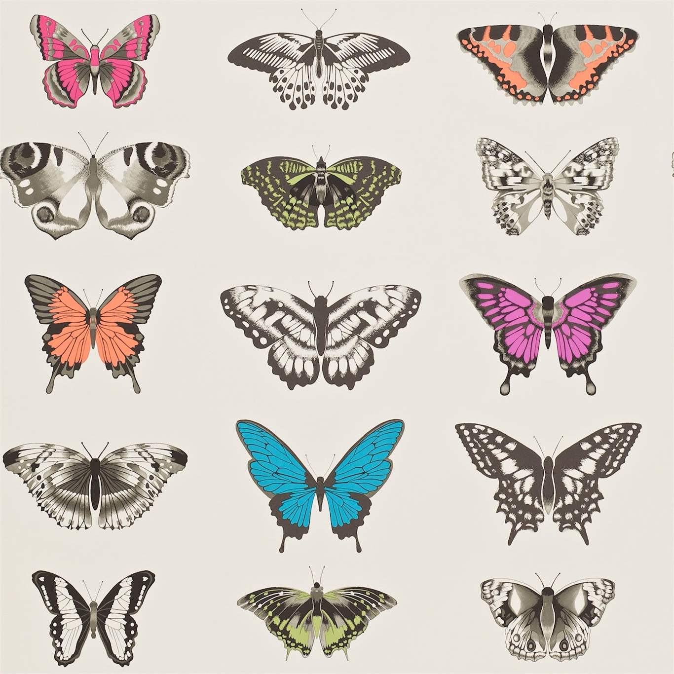 Flamingo pink, papaya coral and olive butterflies on an ivory wallpaper ground