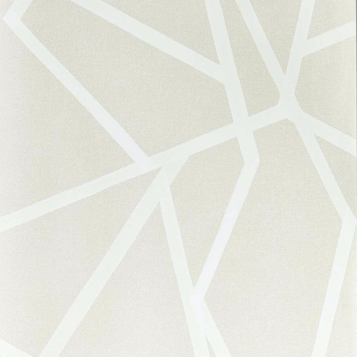 Pale dove-grey wallpaper with intersecting white angular lines in a large geometric pattern