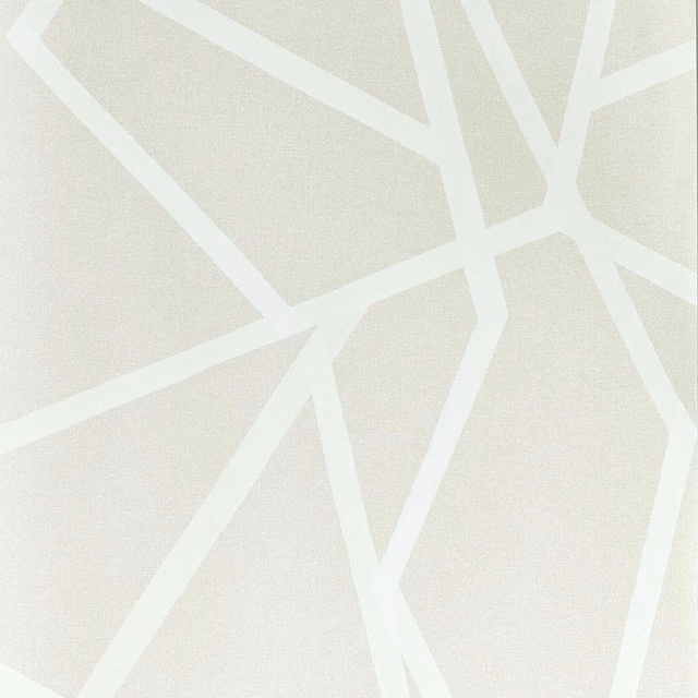 Pale dove-grey wallpaper with intersecting white angular lines in a large geometric pattern