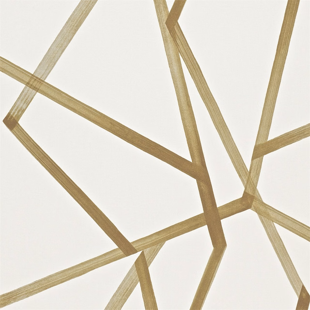 Ivory wallpaper with intersecting mustard bands and fine tonal striping